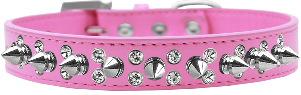 Double Crystal and Silver Spikes Dog Collar Bright Pink Size 18